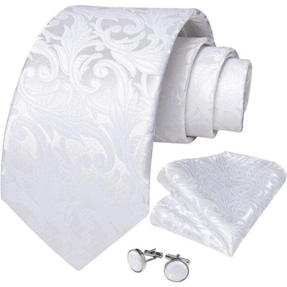 Mens Tie Set Silk Solid Paisley Necktie & Pocket Square Cufflinks Classic Formal - Picture 2 of 7